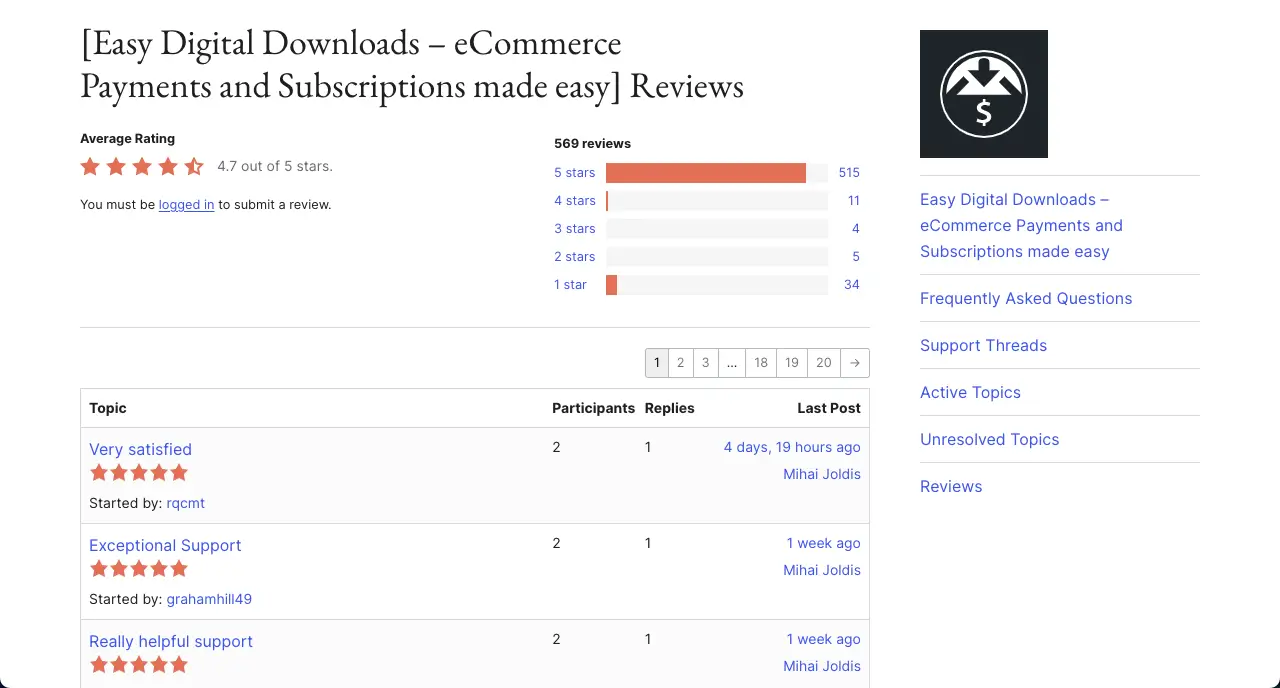 Easy Digital Downloads ratings and reviews