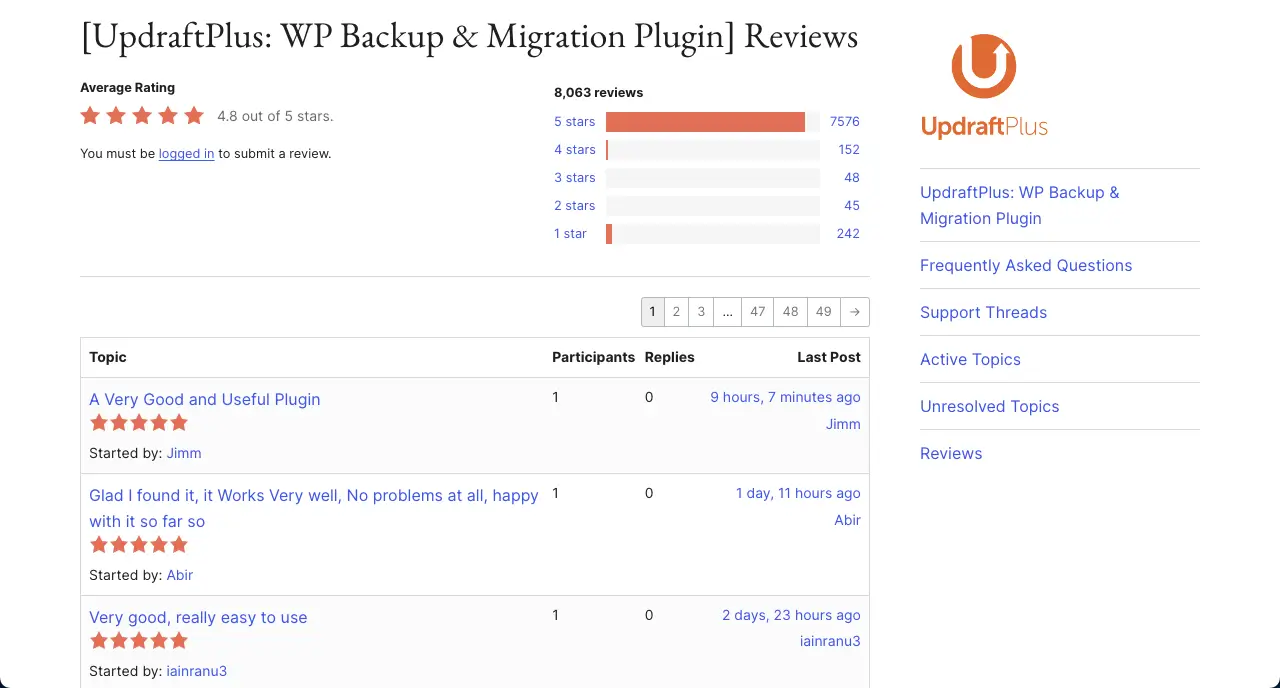 UpdraftPlus ratings and reviews