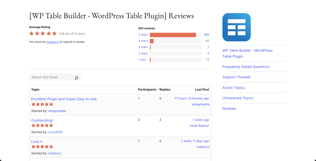 WP Table Builder reviews