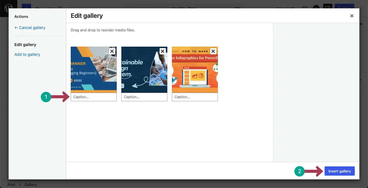 Add captions to the images you want to display side by side