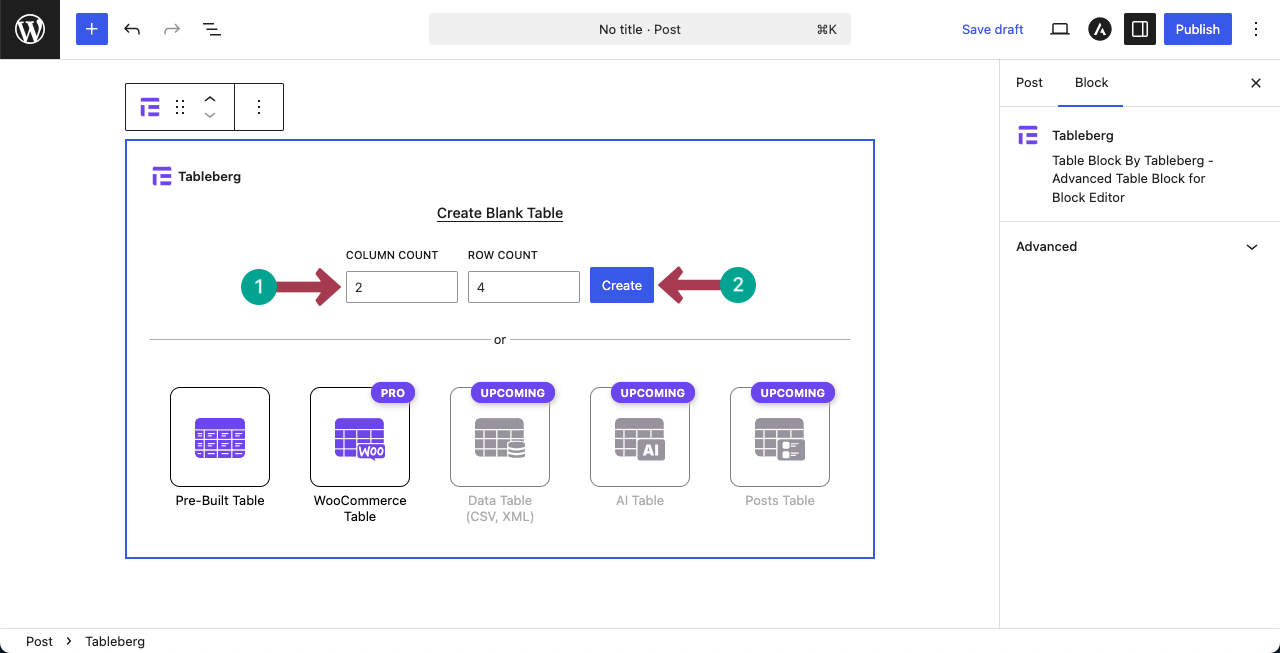 Set the number of columns and rows for the table