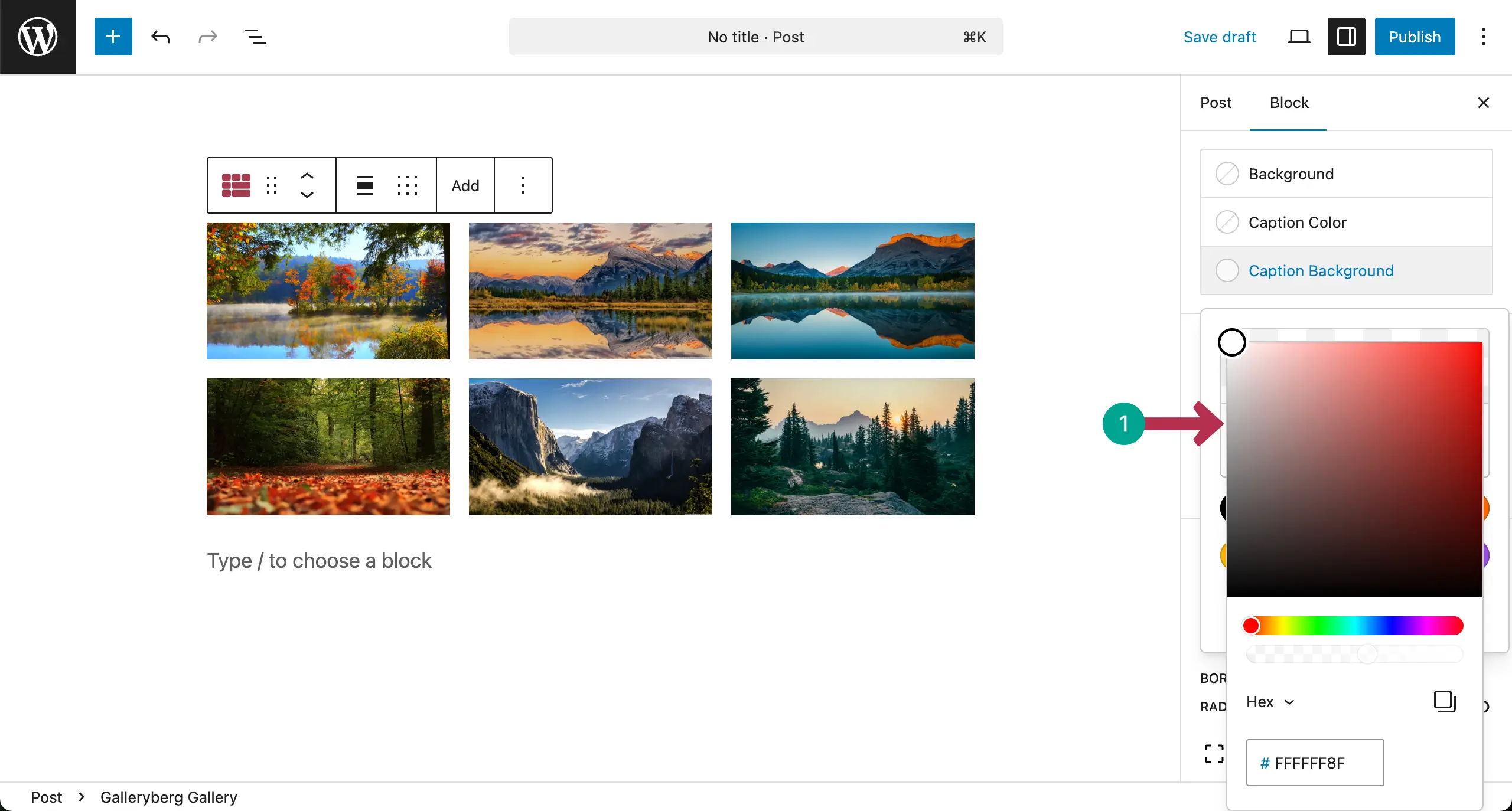 Caption color for the gallery caption is selected