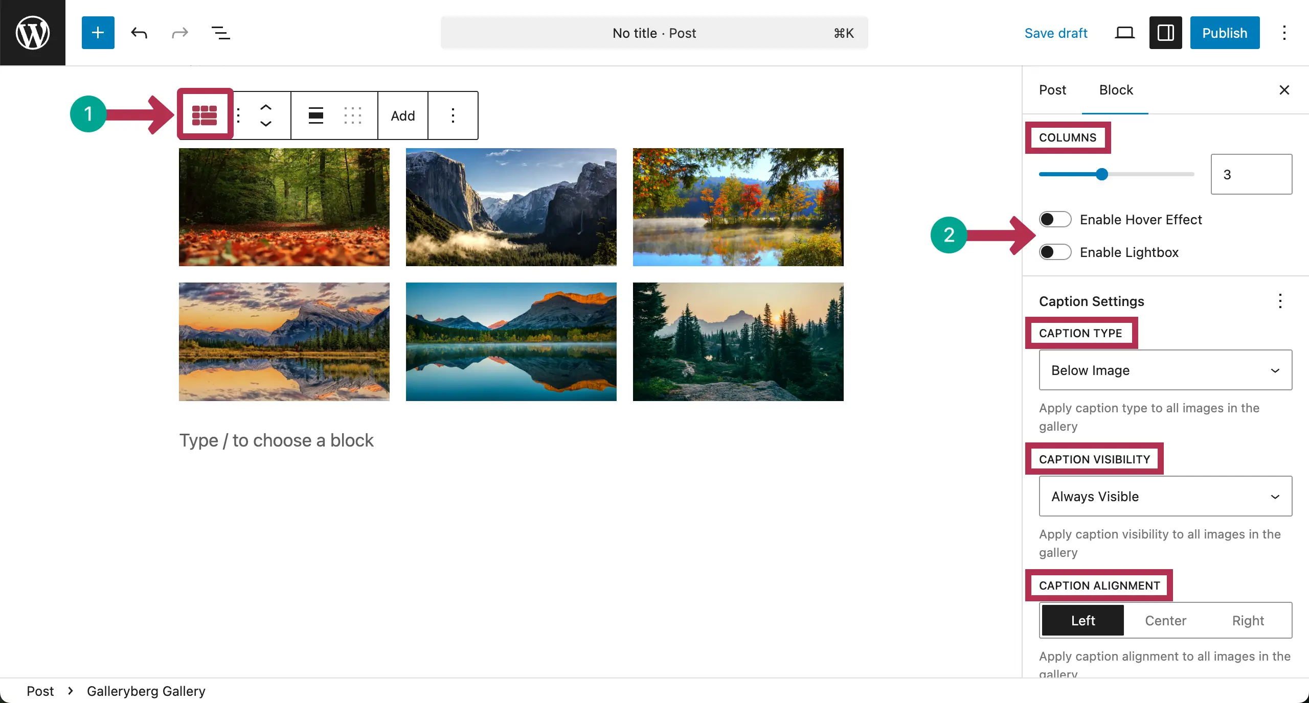 Change the column number, caption type and other settings