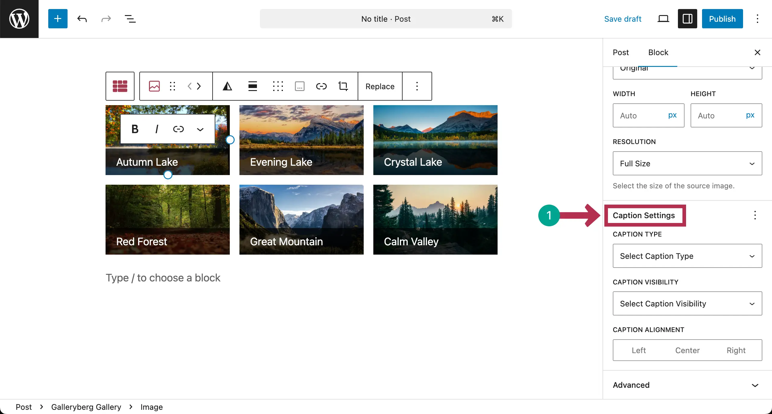 Come to caption settings of the images