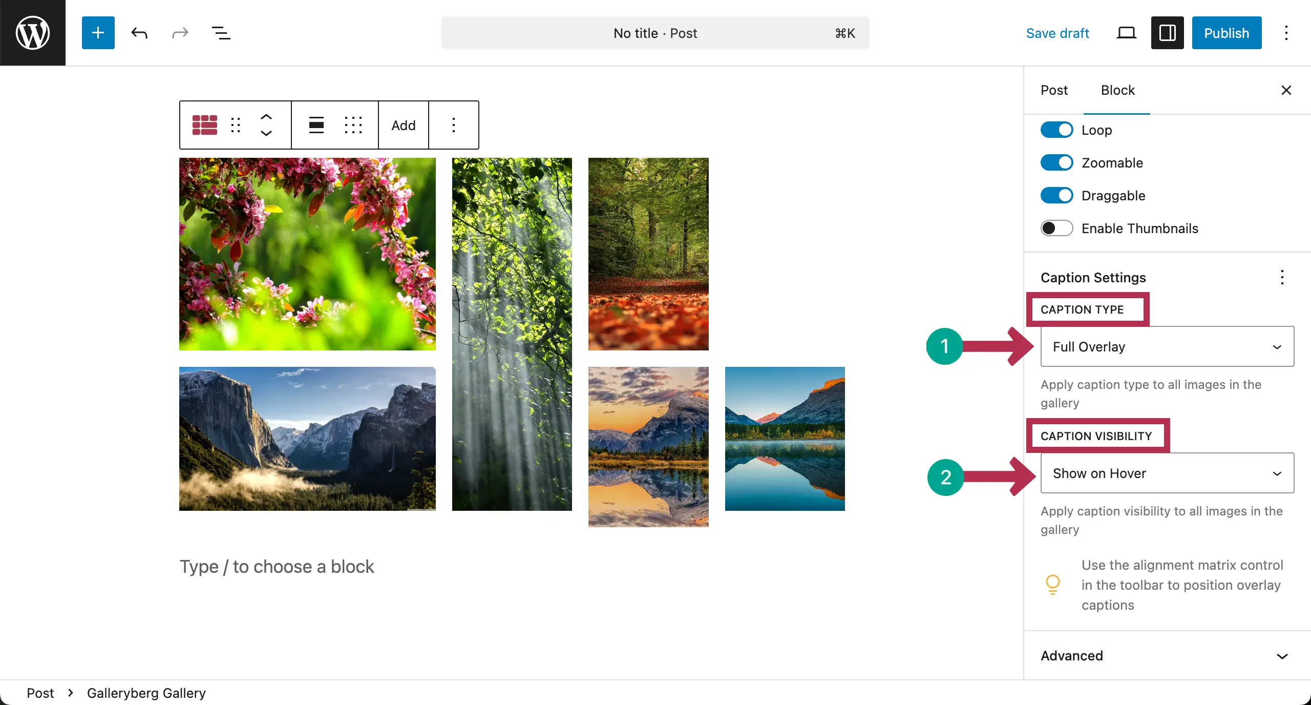 Configure caption settings for the Mosaic gallery