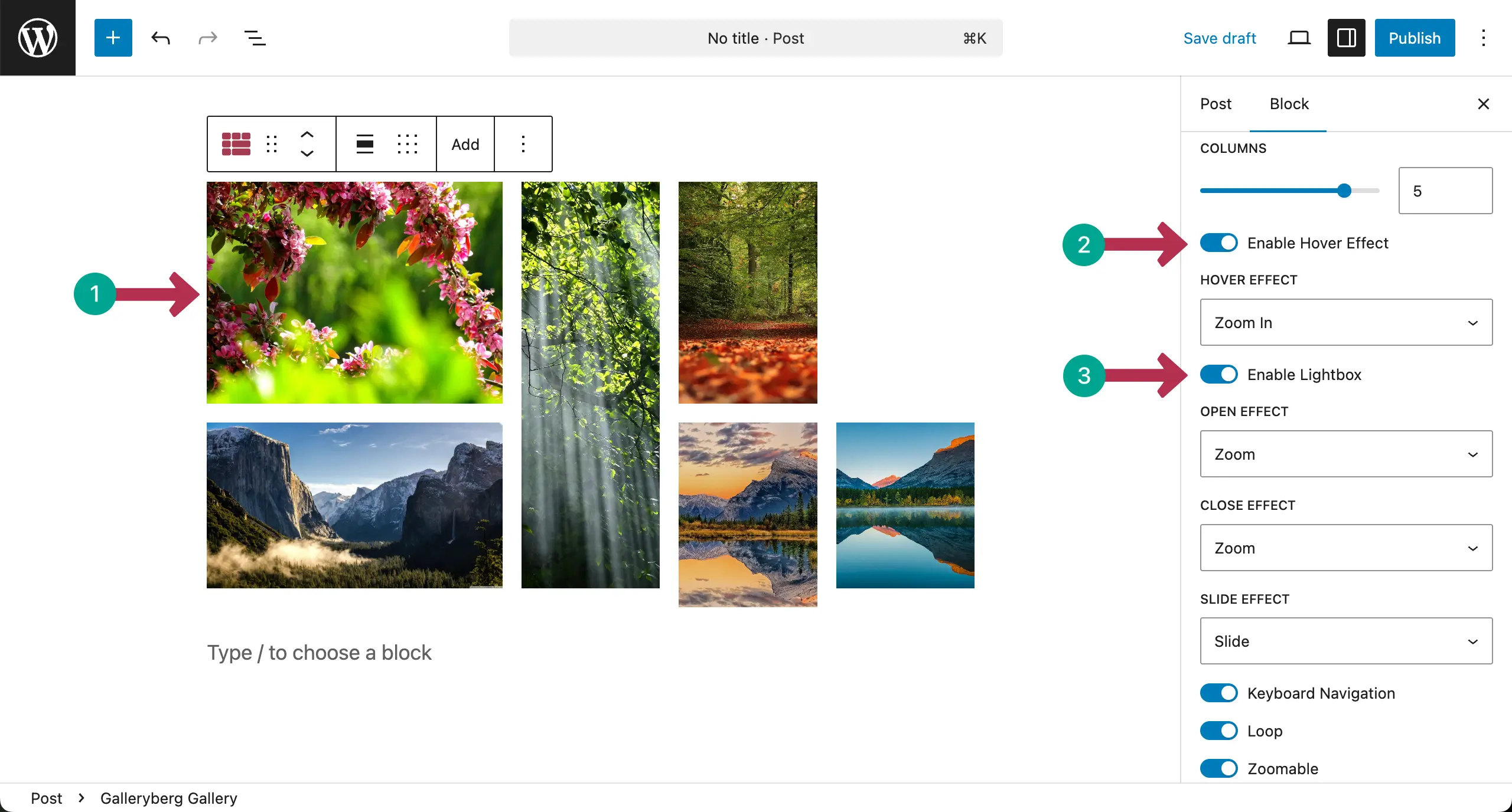 Enable hover and lightbox for the mosaic gallery
