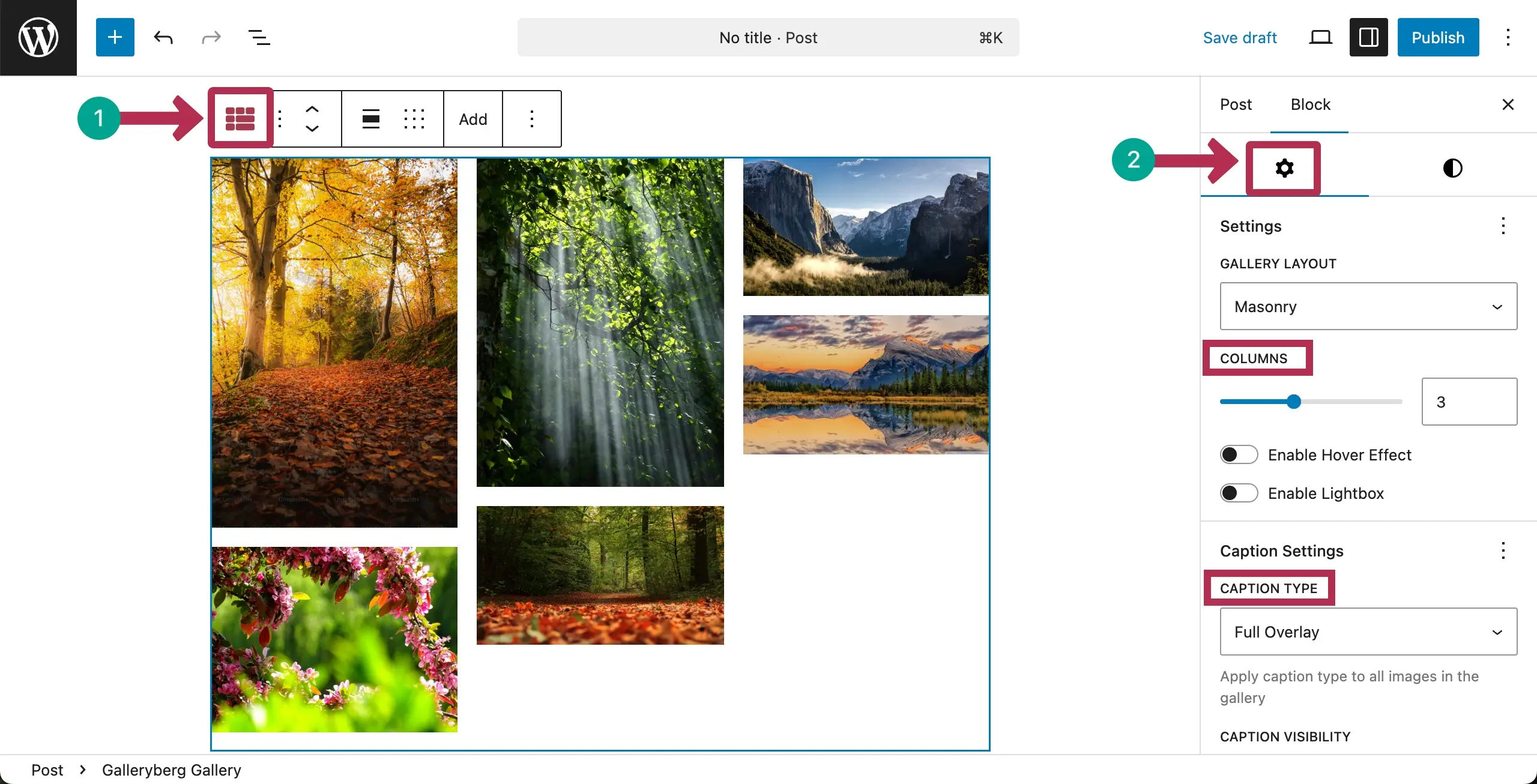 General settings of the Masonry Layout Gallery