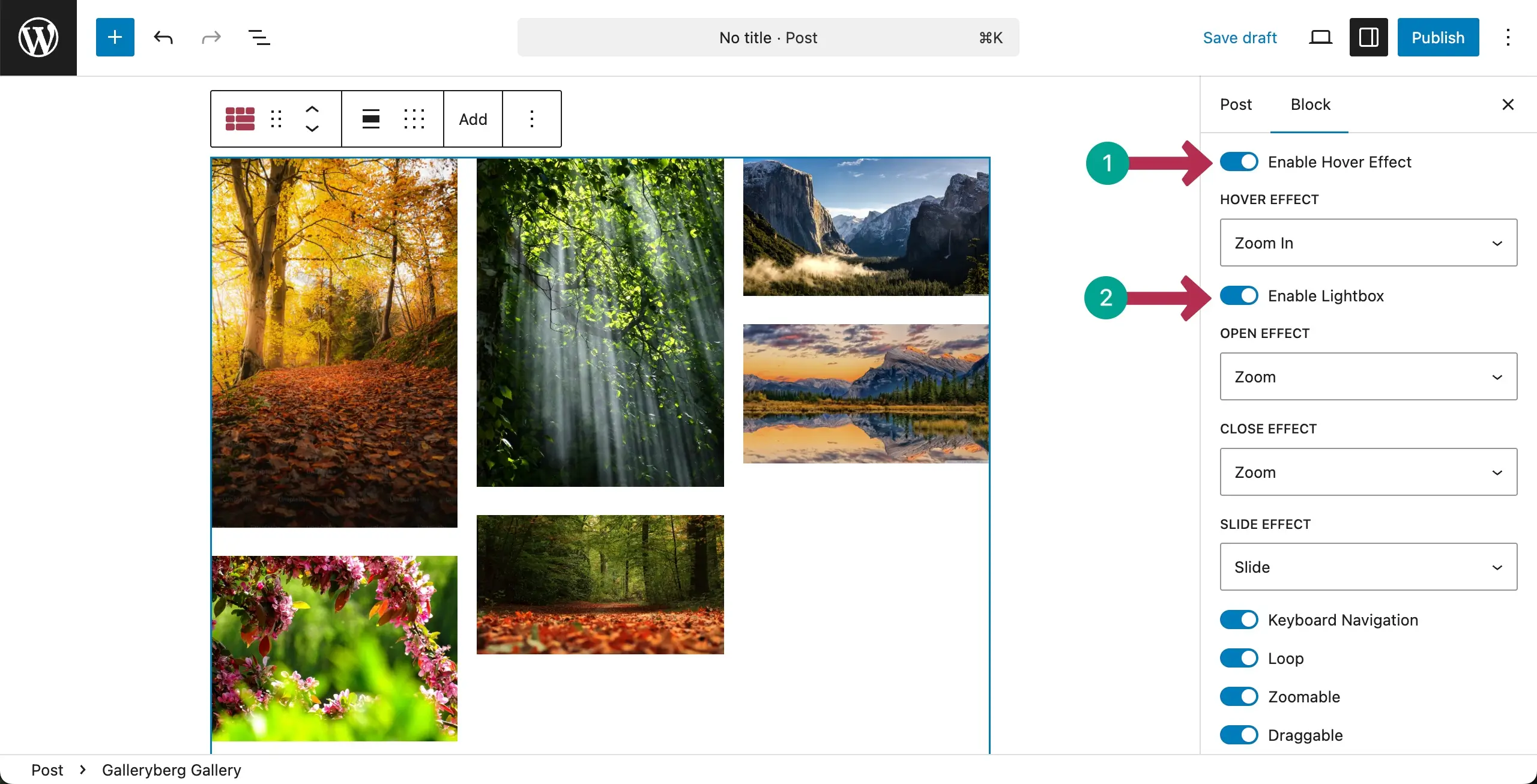 Hover and lightbox options are enabled