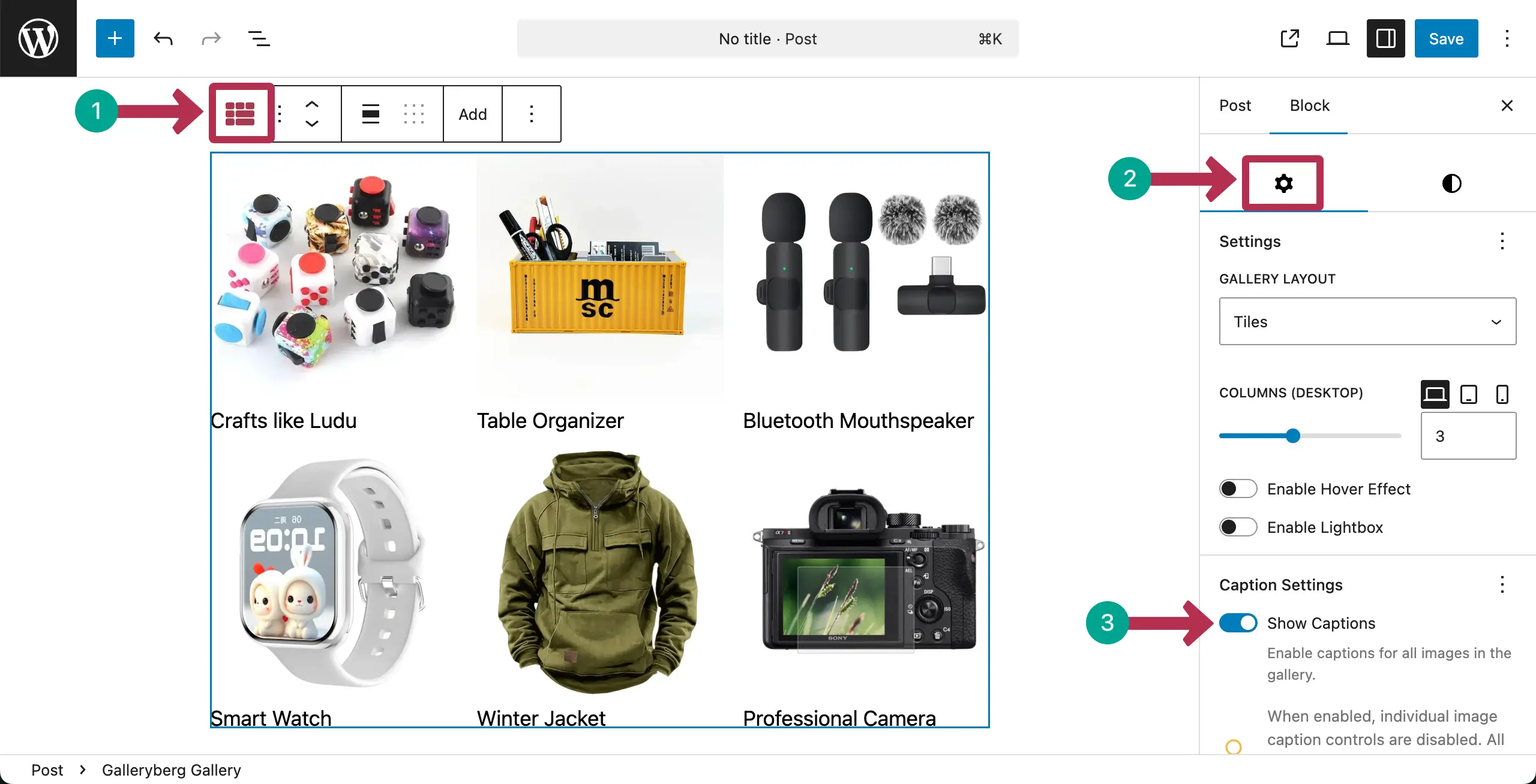 Removing captions from the gallery
